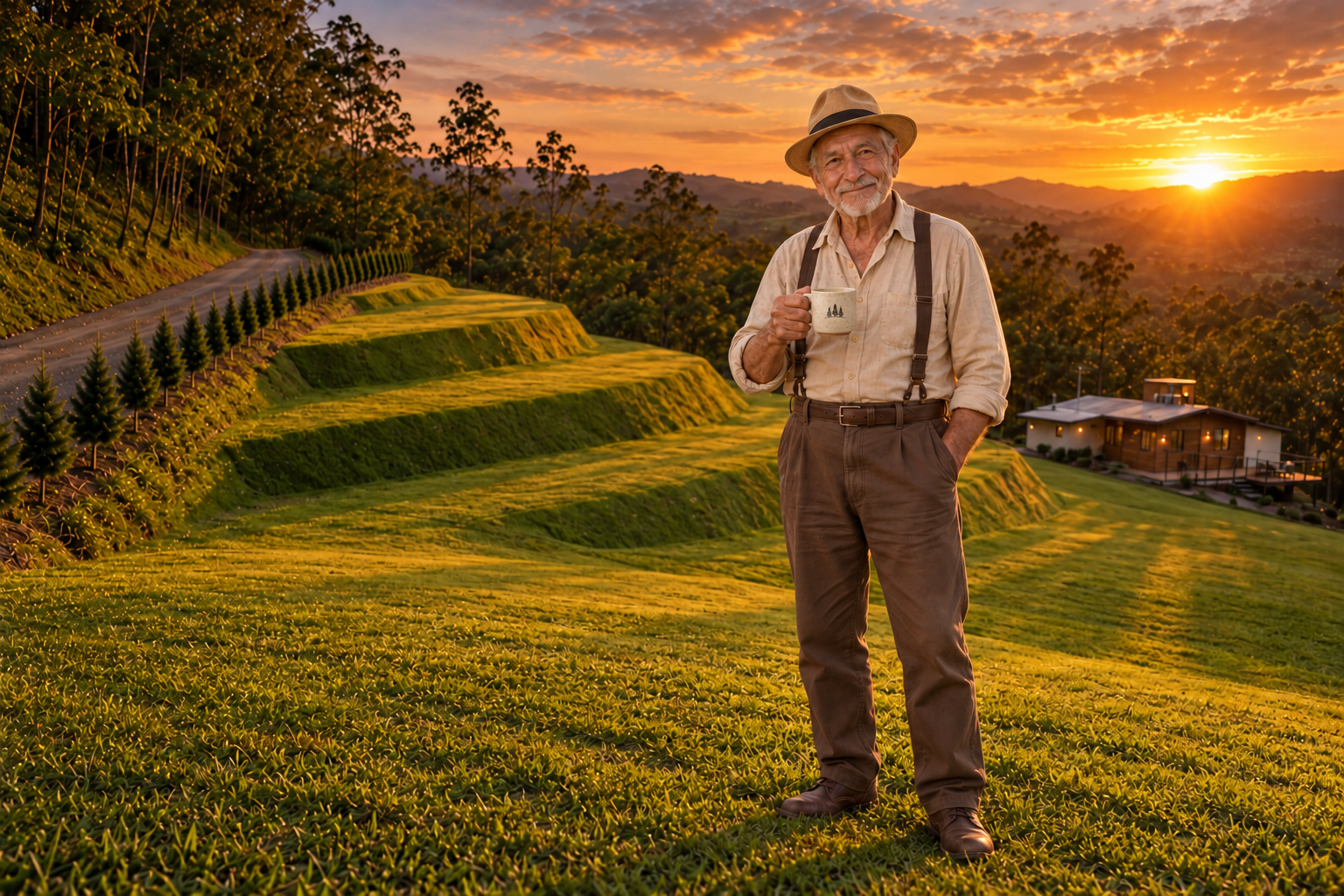 Don Ferno de pie en las tierras de Campo Santo al atardecer, con su tacita artesanal crema de tres pinitos negros y la capilla al fondo